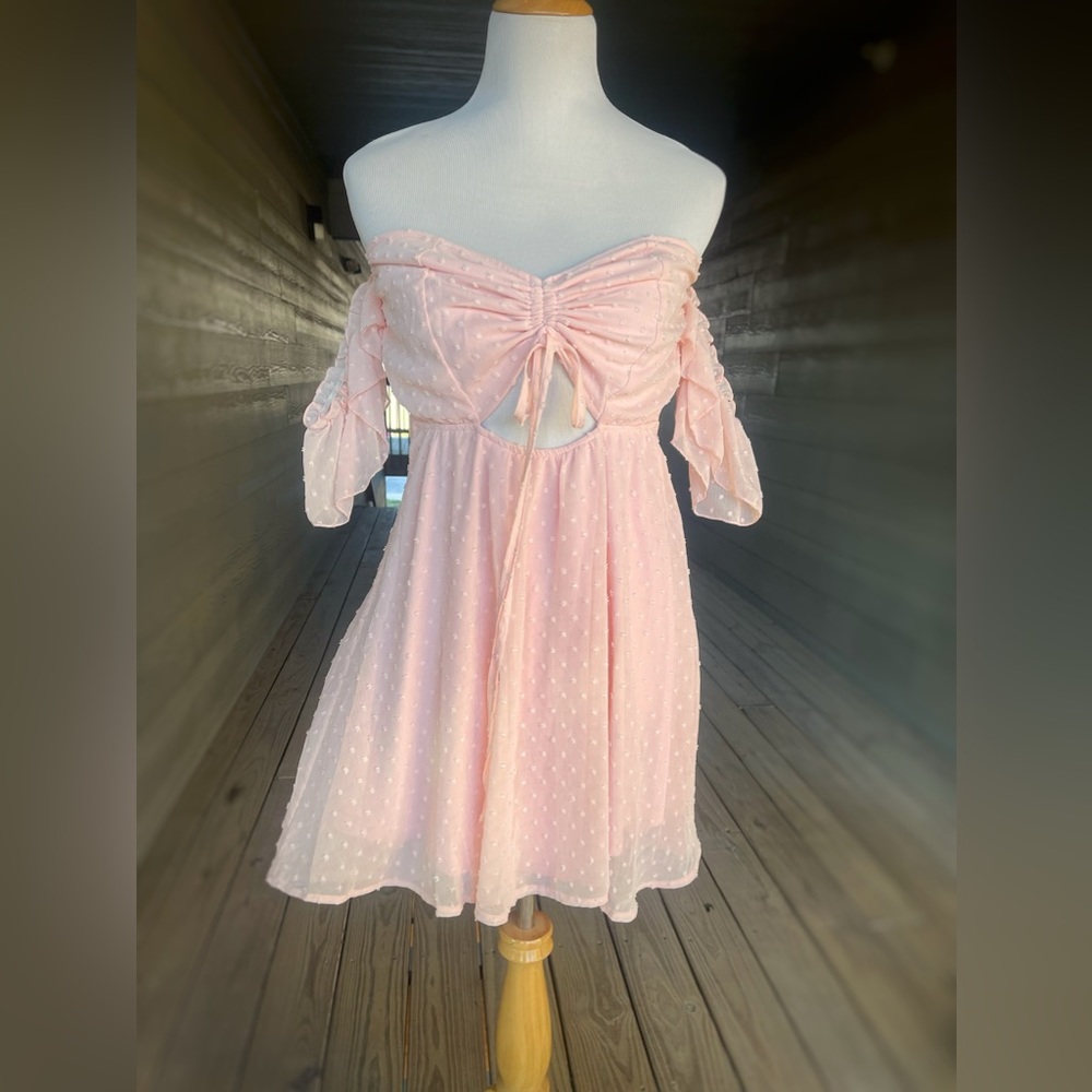 Pink Off Shoulder Cut Out Ruched Cut Out Swiss Dot Shirred Sexy Dress XL PROM